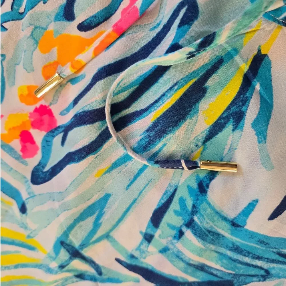 Lilly Pulitzer Multicolor Floral Drawstring Tunic Blouse Willa Tie Neck XS New